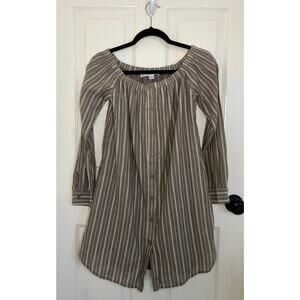HYFVE Brown Striped Button Down Long Sleeve Off Shoulder Dress - Size Small